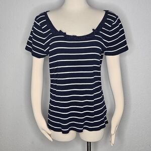 Lauren Ralph Lauren Navy White‎ Stripe Cotton Stretch Top Ruffle Scoop Neck XL